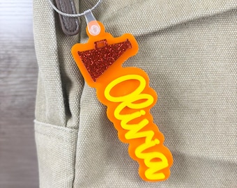 Cheerleading Bag Tag with Name | Cheer Bow Keychain | Personalized Pom Pom Tag | School Spirit Gift | Cheer Team Tag |Cheerleading Team Gift