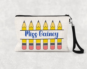 Personalized Teacher Gift Pouch, Faux Burlap Cosmetic Bag