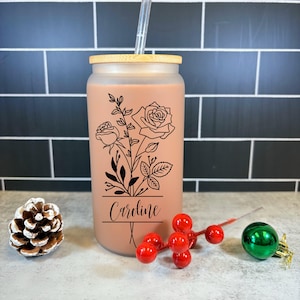 Personalized Birth Flower Coffee Cup With Name, Custom Glass with Lid and Straw, Bridesmaid Gift, 16oz Glass Cup, Gifts for Her, Co Worker