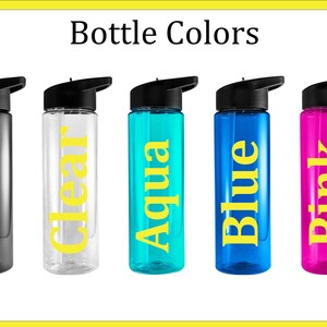 May include: Five water bottles with different colored bodies and yellow text. The bottles are labeled "Smoke", "Clear", "Aqua", "Blue", and "Pink".