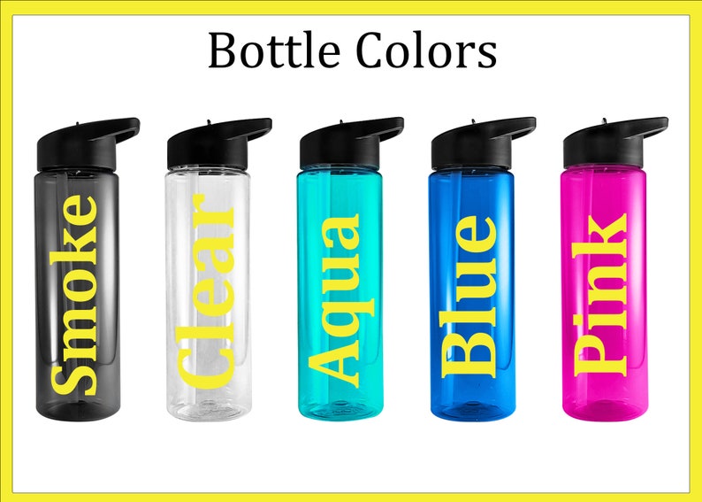 May include: Five water bottles with different colored bodies and yellow text. The bottles are labeled "Smoke", "Clear", "Aqua", "Blue", and "Pink".