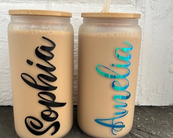 Personalized Iced Coffee Cup, Custom Glass with Lid and Straw, Glass Cup with Name, 16oz Glass Cup, Personalized Cup,Glass Tumbler with Name