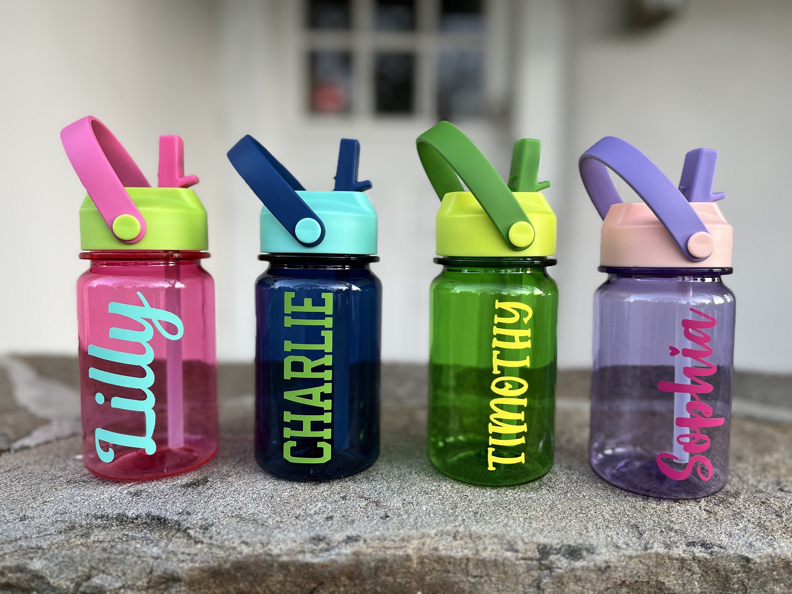 Personalised Water Bottle Kids Sports Flip Top Straw Teacher 8