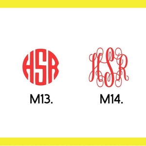 May include: Two different styles of monogram designs, both featuring the letters "HSR". The first design is a red circle with the letters inside, labeled "M13". The second design is a red script font, labeled "M14".