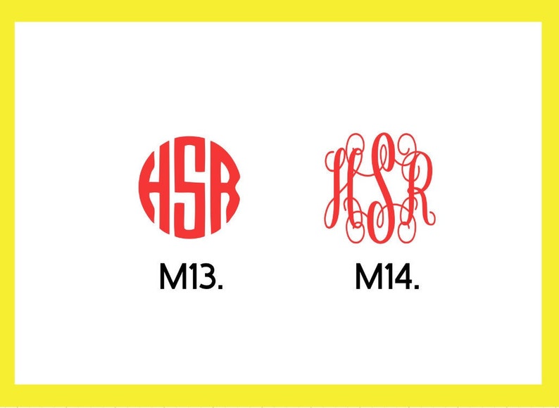May include: Two different styles of monogram designs, both featuring the letters "HSR". The first design is a red circle with the letters inside, labeled "M13". The second design is a red script font, labeled "M14".