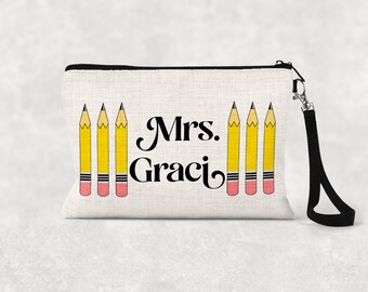Personalized Teacher Gift Makeup Bag, Faux Burlap Zipper Pouch