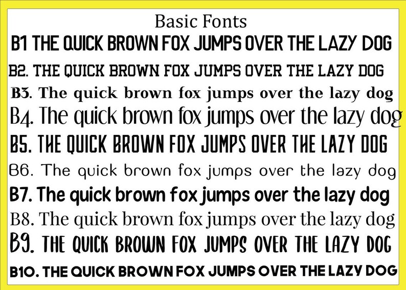 May include: A yellow background with black text showing different font styles. The text reads "Basic Fonts" and then lists ten different font styles, each labeled with a letter and number, such as "B1" and "B2", followed by the phrase "THE QUICK BROWN FOX JUMPS OVER THE LAZY DOG".