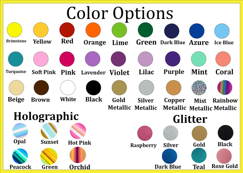 May include: A chart of color options for a product. The colors are arranged in rows and columns, with each color having a name below it. The colors include:  Brimstone, Yellow, Red, Orange, Lime, Green, Dark Blue, Azure, Ice Blue, Turquoise, Soft Pink, Pink, Lavender, Violet, Lilac, Purple, Mint, Coral, Beige, Brown, White, Black, Gold Metallic, Silver Metallic, Copper Metallic, Mist Metallic, Rainbow Metallic, Opal, Sunset, Hot Pink, Peacock, Green, Orchid, Raspberry, Silver, Gold, Black, Dark Blue, Teal, Rose Gold.