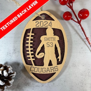 Personalized Football Ornament, Sports Christmas Ornament, Football Christmas Ornament, Engraved Wooden Sports Ornament with Name and Number