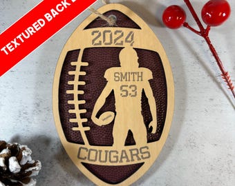 Personalized Football Ornament, Sports Christmas Ornament, Football Christmas Ornament, Engraved Wooden Sports Ornament with Name and Number