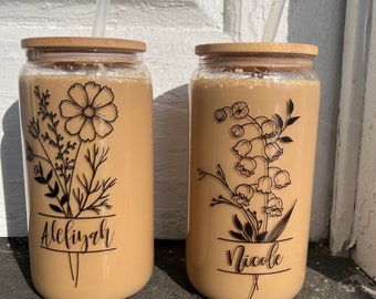 Personalized Birth Flower Coffee Cup With Name ,Personalized Birth Flower Tumbler, Bridesmaid Proposal, Gifts for Her, 16 oz Glass Cup