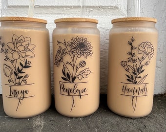 Personalized Birth Flower Coffee Cup With Name ,Personalized Birth Flower Tumbler, Bridesmaid Proposal, Gifts for Her, 16 oz Glass Cup