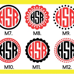 May include: Six different monogram designs with the letters "HSR" in black and red. The designs are numbered M7 through M12.