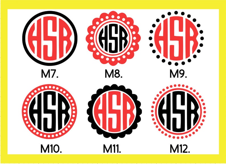 May include: Six different monogram designs with the letters "HSR" in black and red. The designs are numbered M7 through M12.
