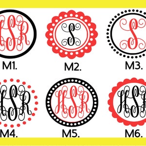 May include: Six different monogram designs with the letters "HSR" in a script font. The monograms are in black and red and are surrounded by a circle of dots or a scalloped circle. The designs are labeled M1 through M6.