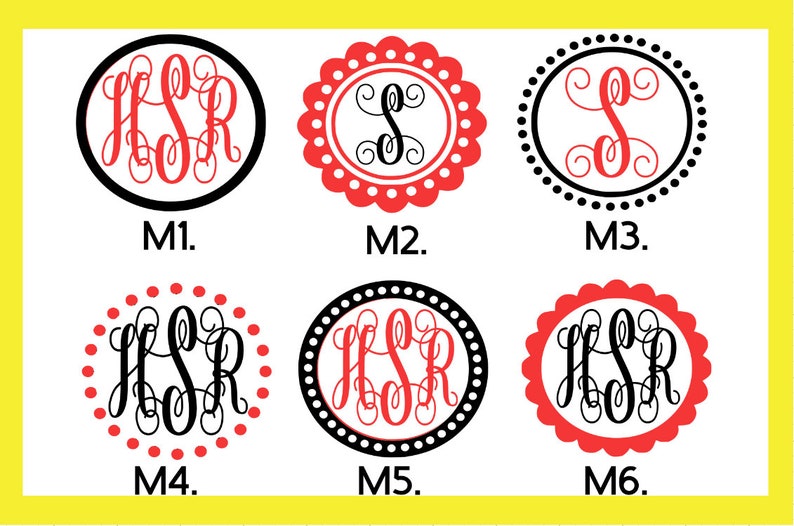 May include: Six different monogram designs with the letters "HSR" in a script font. The monograms are in black and red and are surrounded by a circle of dots or a scalloped circle. The designs are labeled M1 through M6.