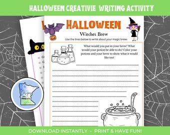 Puede incluir: Una hoja de actividad de escritura de Halloween imprimible con un caldero de bruja, pociones y un personaje de bruja. La hoja de actividad pide al usuario que escriba sobre su brebaje mágico y qué haría.