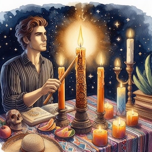 Puede incluir: Un hombre con una camisa a rayas se sienta en una mesa con velas encendidas. Las velas son de varios tamaños y colores, y hay varios libros y otros objetos en la mesa. El fondo es azul oscuro con estrellas.
