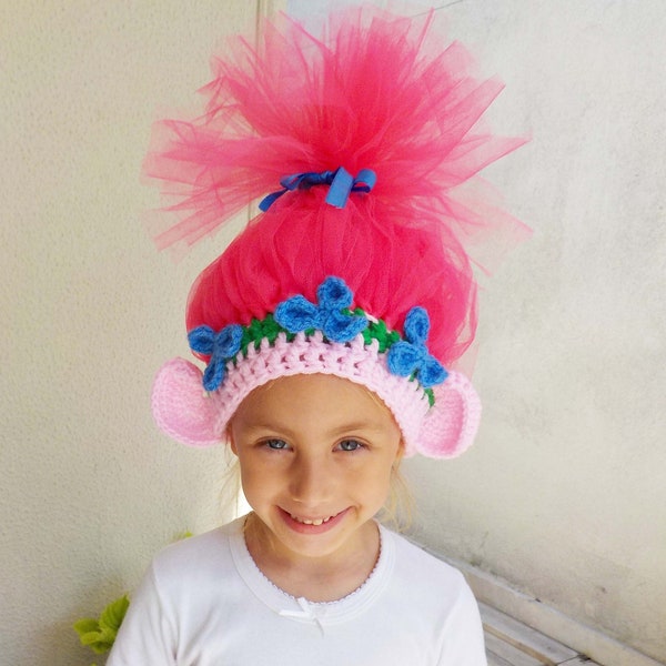 Crochet troll wig costume, Handmade Princess Poppy hat, Trolls birthday outfit