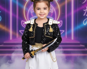 May include: A black sequined bolero jacket with gold trim and white shoulder epaulets featuring gold tassels, worn over a black top and a white skirt with a gold waistband and gold chain accents, holding a toy sword with a gold hilt.