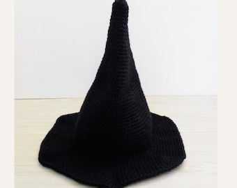 Hand crochet witch hat, Adult teens kids sizes, Black wizard hat