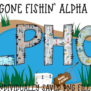 Gone Fishin&#39; Alpha & Clipart, Doodle Letters, Uppercase, Sublimation, Digital Download, Fishin&#39;