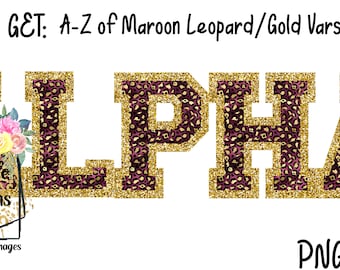 Maroon Leopard, Gold, Varsity, Alpha, Doodle Letters, Uppercase, Sublimation, Digital Download, Varsity
