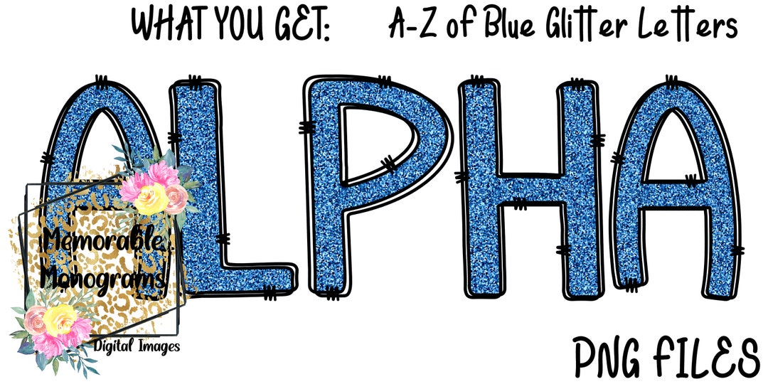 Blue Glitter Alpha, Doodle Letters, Uppercase, Sublimation, Digital ...