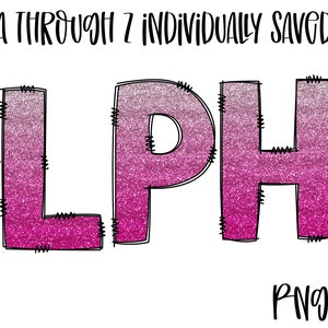 Pink Ombre&#39;, Glitter, Alpha, Doodle Letters, Uppercase, Sublimation, Digital Download, Ombre&#39; Glitter