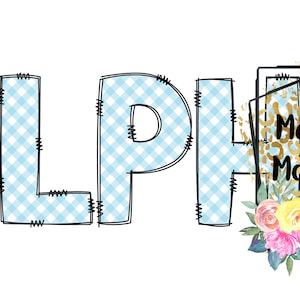 Puede incluir: Letras de patrón de vichy azul y blanco que deletrean "ALPHA" con un fondo de estampado de leopardo negro y dorado con flores y el texto "Memorable Monograms Digital Images".