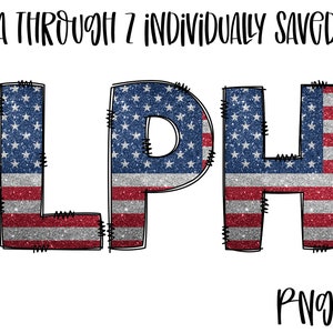 American Flag, Glitter, Alpha, Doodle Letters, Uppercase, Sublimation, Digital Download, America