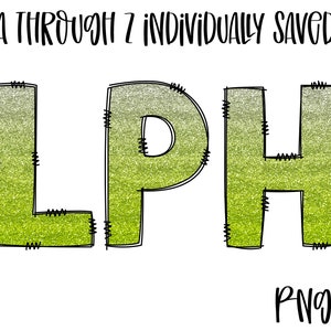Lime Ombre&#39;, Glitter, Alpha, Doodle Letters, Uppercase, Sublimation, Digital Download, Ombre&#39; Glitter