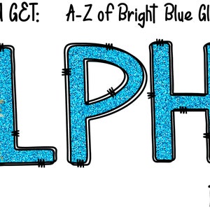 Bright Blue Glitter Alpha, Doodle Letters, Uppercase, Sublimation, Digital Download, Glitter