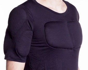 Black 1/2 Sleeve Padded Undershirt. T Shirt with muscles. Fake muscles T shirt.