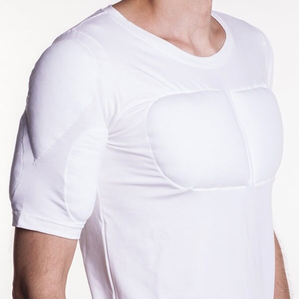 White 1/2 Sleeve Padded Undershirt. T Shirt with muscles. Fake muscles T shirt