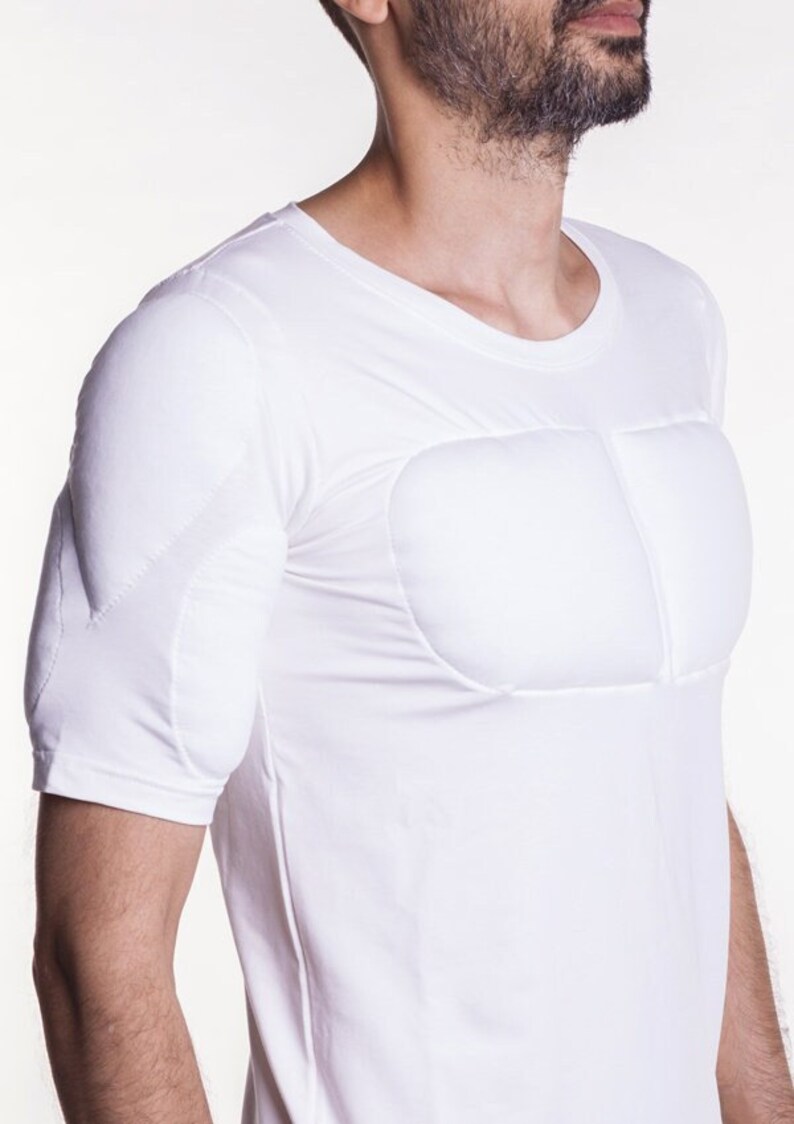 White 1/2 Sleeve Padded Undershirt. T Shirt with muscles. Fake muscles T shirt image 1