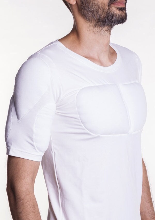 White 1/2 Sleeve Padded Undershirt. T Shirt With Muscles. Fake