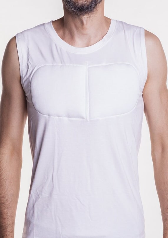 White Sleeveless Padded Undershirt. T Shirt With Muscles. Fake