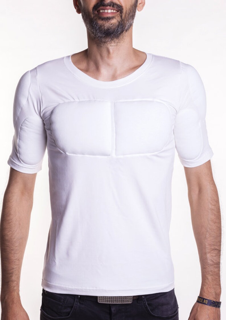 White 1/2 Sleeve Padded Undershirt. T Shirt with muscles. Fake muscles T shirt image 4