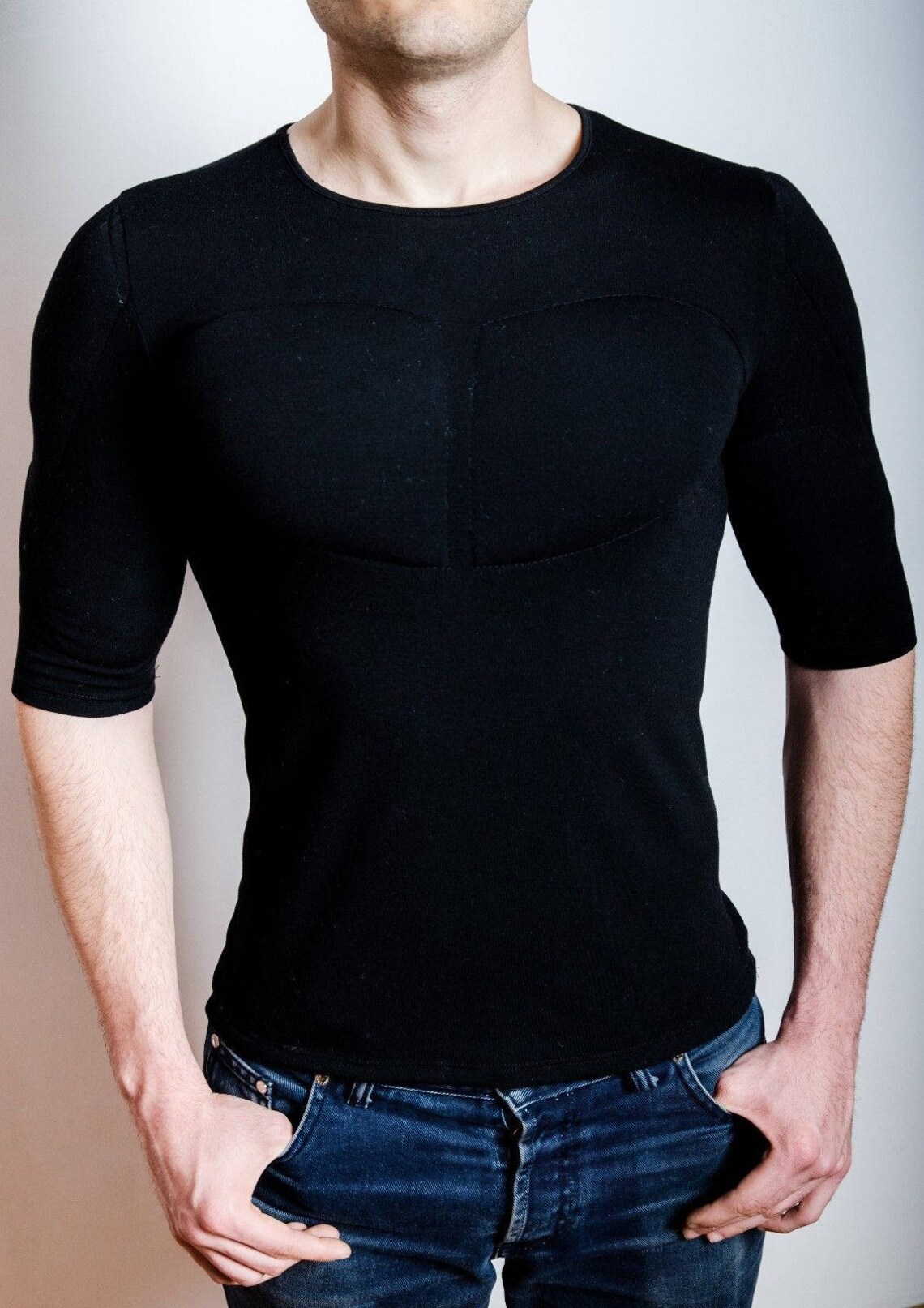 Black 1/2 Sleeve Padded Undershirt. T Shirt with muscles. Fake Etsy
