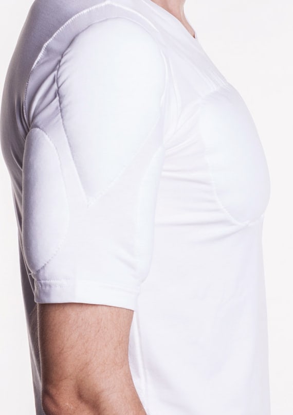 White 1/2 Sleeve Padded Undershirt. T Shirt With Muscles. Fake