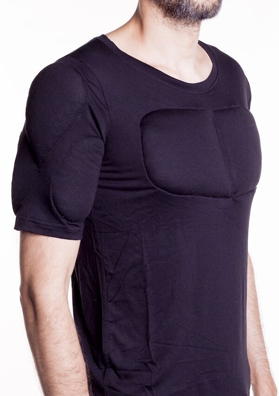 Black 1/2 Sleeve Padded Undershirt. T Shirt With Muscles. Fake