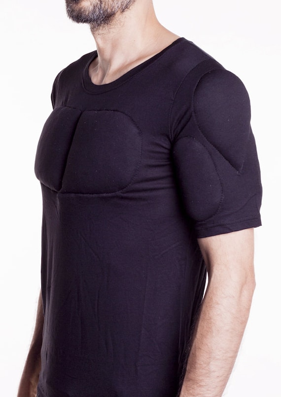 Black 1/2 Sleeve Padded Undershirt. T Shirt With Muscles. Fake Muscles T  Shirt. 