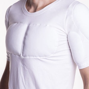 White 1/2 Sleeve Padded Undershirt. T Shirt with muscles. Fake muscles T shirt image 3