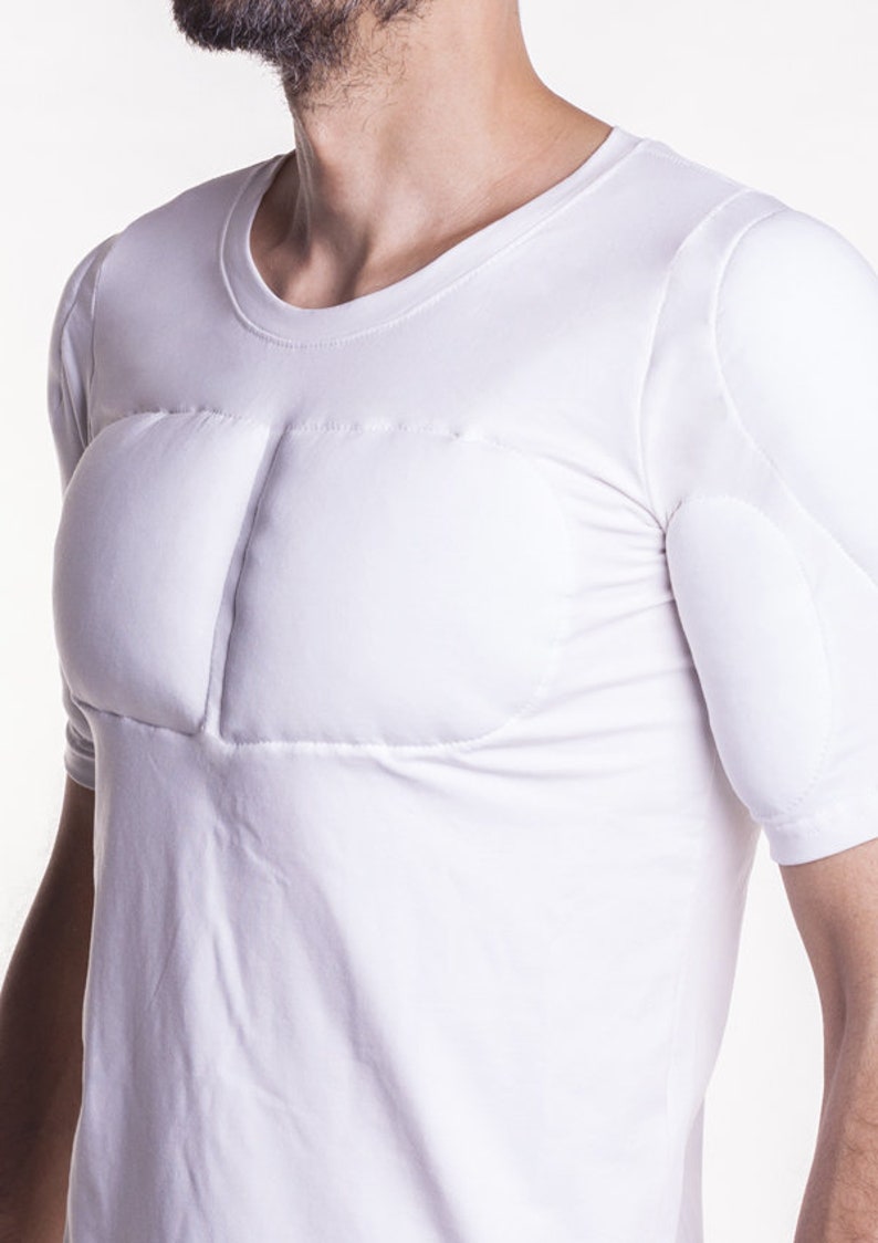 White 1/2 Sleeve Padded Undershirt. T Shirt with muscles. Fake muscles T shirt image 3