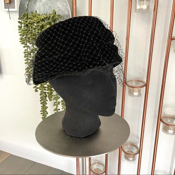 Vintage Toque Netted Hat Black Velvet