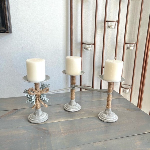 Eclectic Revival Upcycled Hand Painted Wrought Iron Triple Candleholder