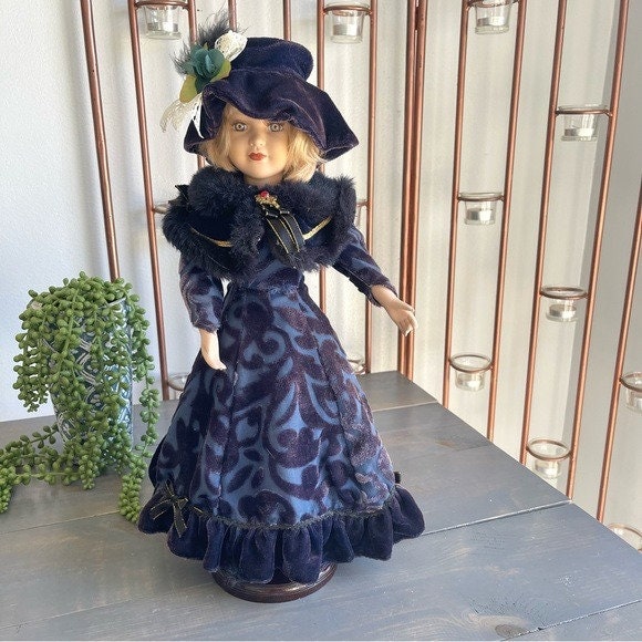 Vintage Victorian Porcelain Doll Velvet Dress Blonde Faux Fur