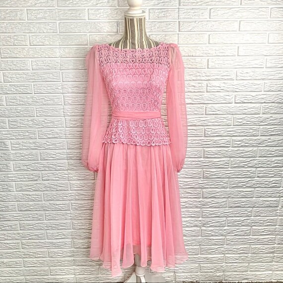 pink lace swing dress Bebe Women's Lace Slim Dress with Puff Sleeves main image 1