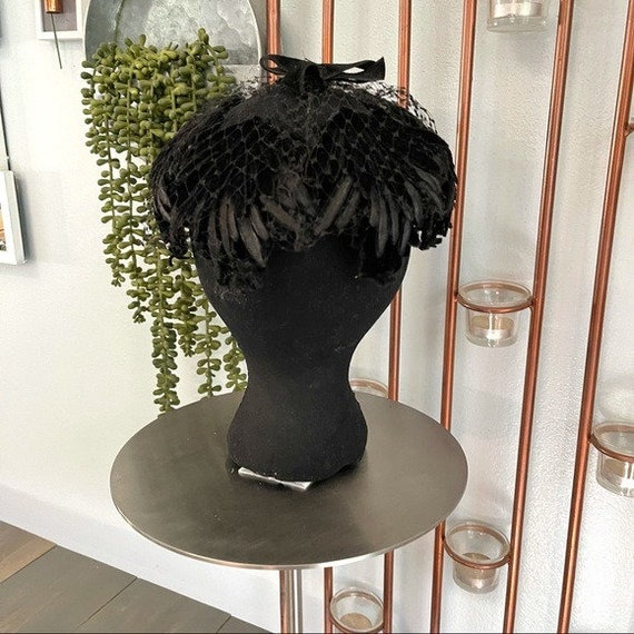 Vintage Capulet Netted Hat Black Velvet Floral - image 3